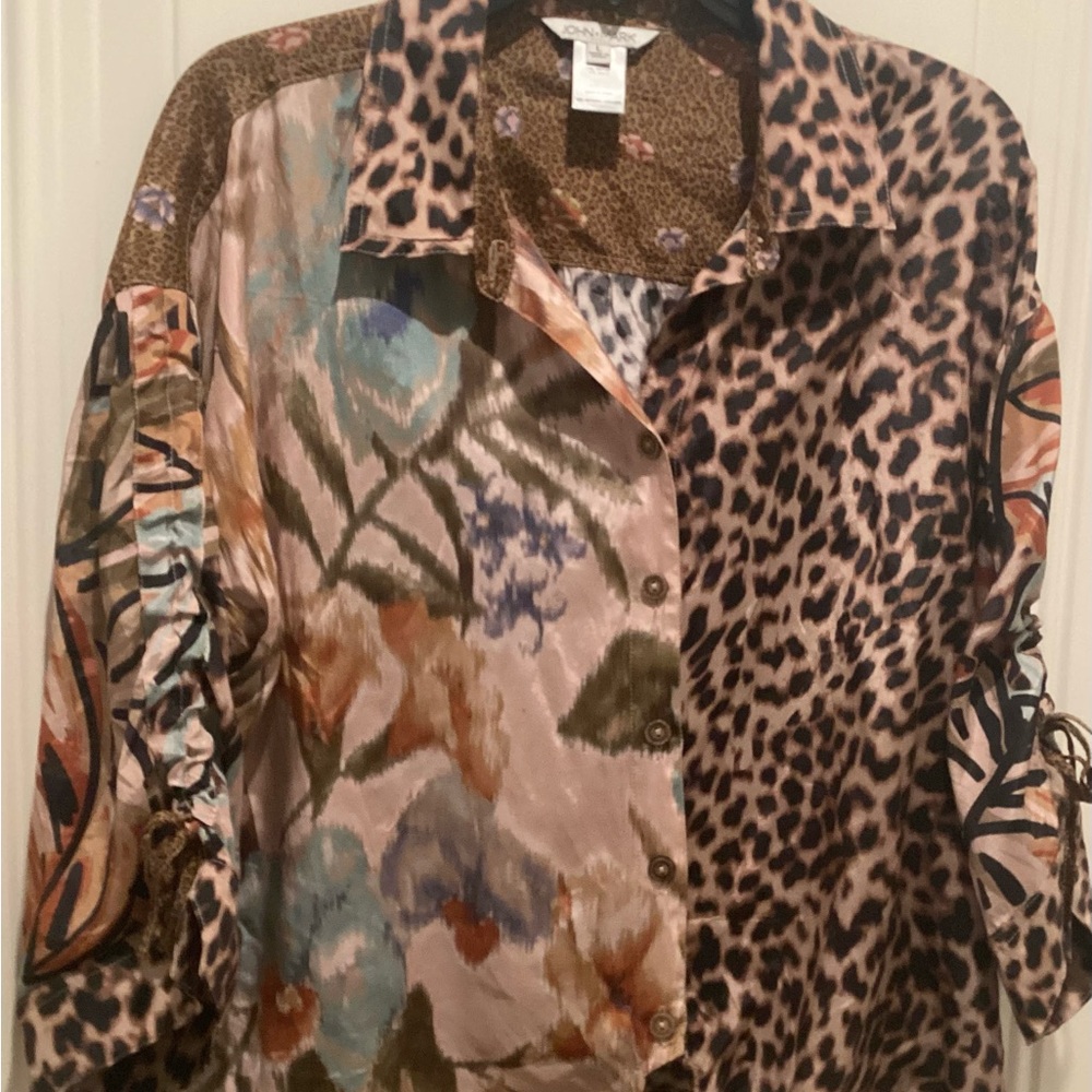 Mixed Print Silk Button-Up Blouse - Multicolor